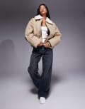 [ASOS Weekend Collective] Weekend Collective padded bomber coat with borg collar in tan-Brown M TAN