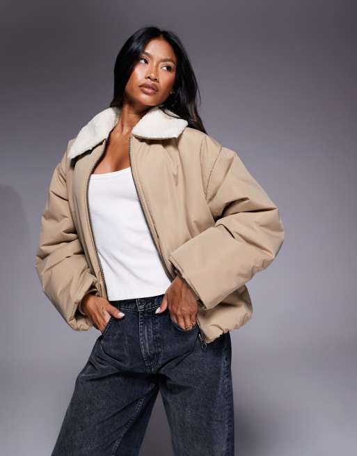Weekend Collective padded bomber coat with borg collar in tan, 3 of 4