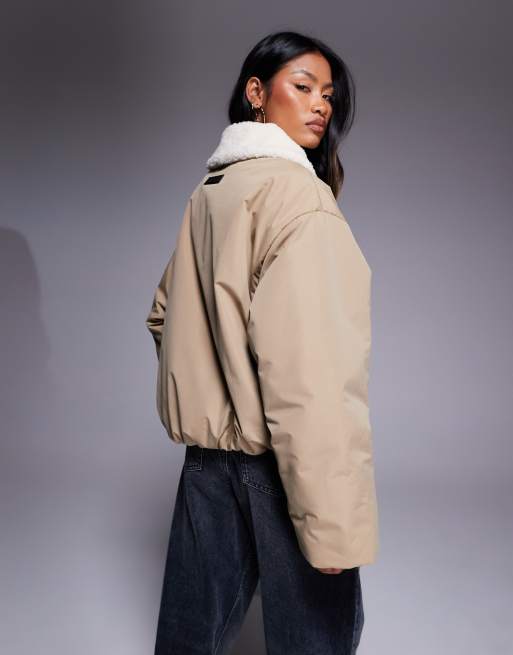 Weekend Collective padded bomber coat with borg collar in tan, 4 of 4