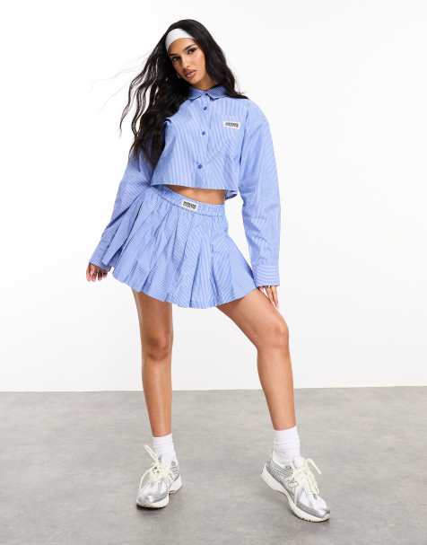 Weekend Collective pleated mini skirt with woven label in blue stripe - part of a set - view 1