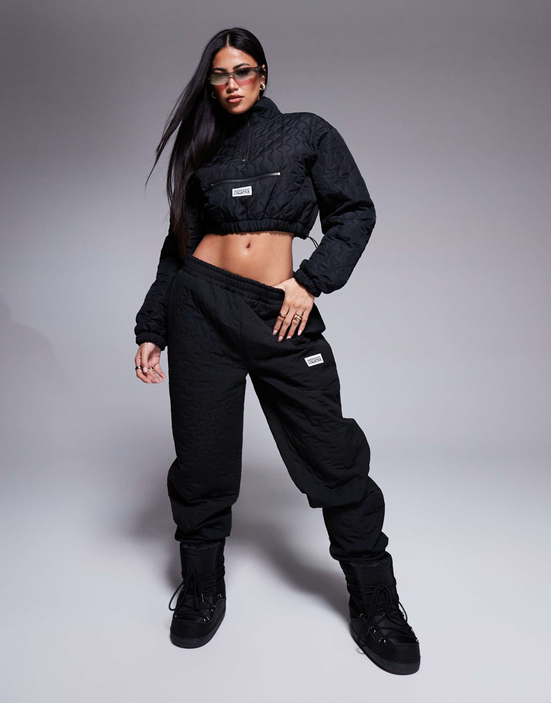 weekend collective quilted nylon cuffed sweatpants in black - part of a set