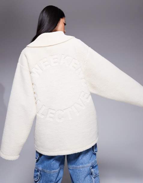 Weekend Collective rib neck zip through borg sweat with embossed back in cream - view 1