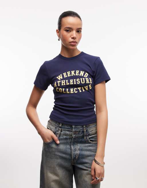 Weekend Collective ribbed baby tee with athleisure graphic in navy, 2 of 4