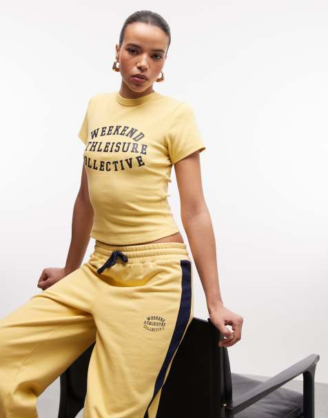 Weekend Collective ribbed baby tee with athleisure graphic in yellow