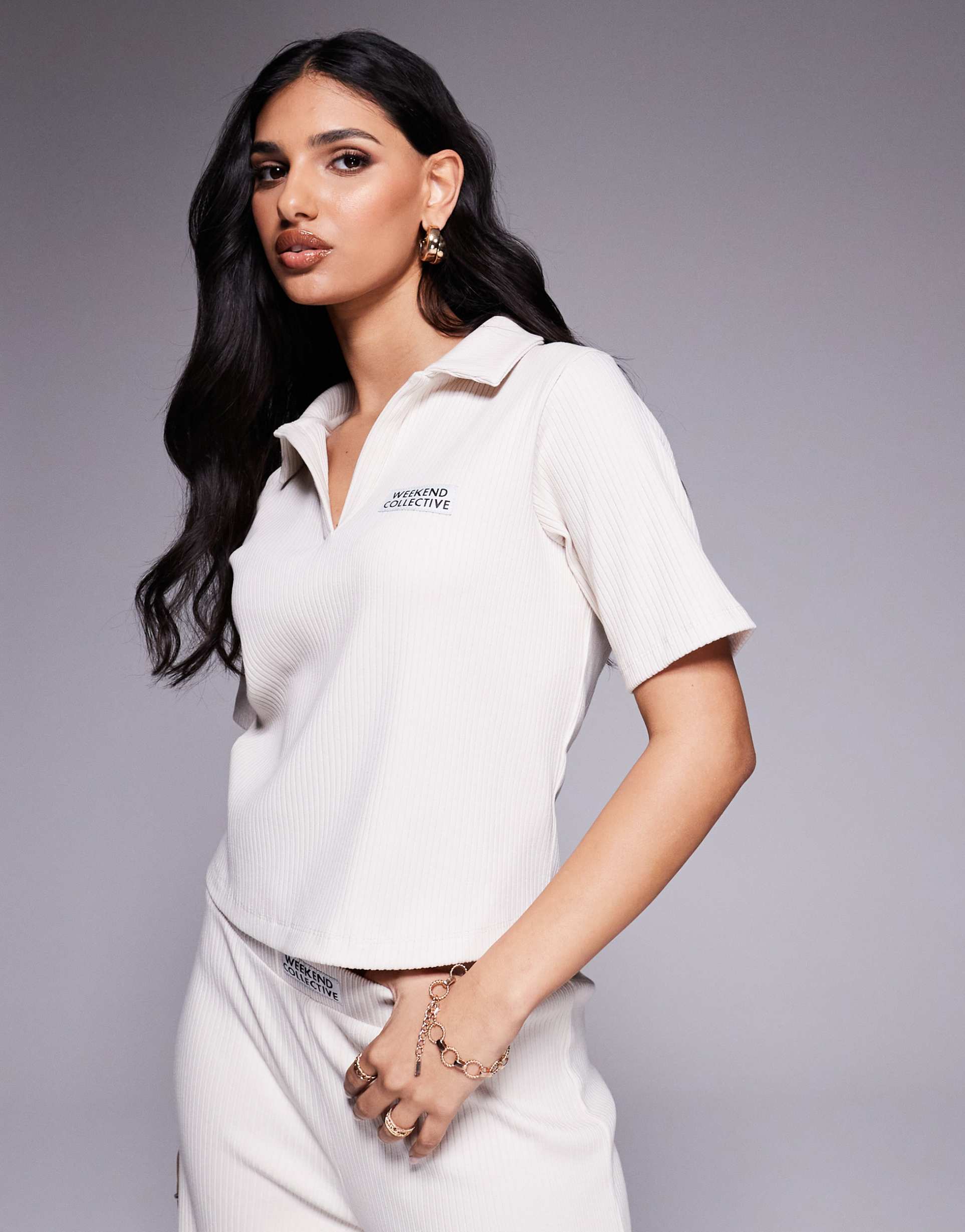 weekend collective ribbed collared t-shirt in white - part of a set