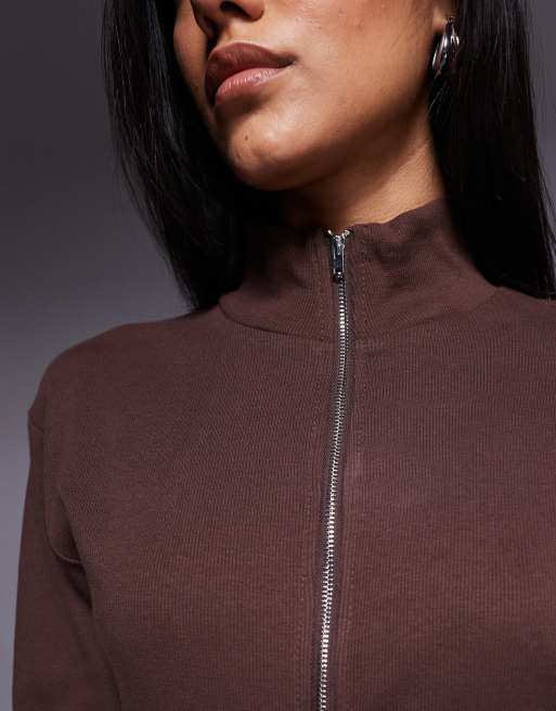Weekend Collective ribbed funnel neck zip through in chocolate (part of a set), 3 of 4