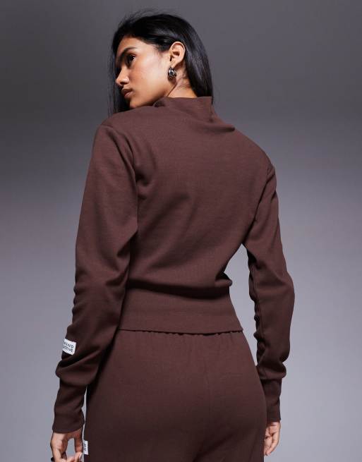 Weekend Collective ribbed funnel neck zip through in chocolate (part of a set), 4 of 4