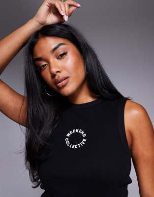 ASOS Weekend Collective Weekend Collective ribbed vest with embroidered logo in black