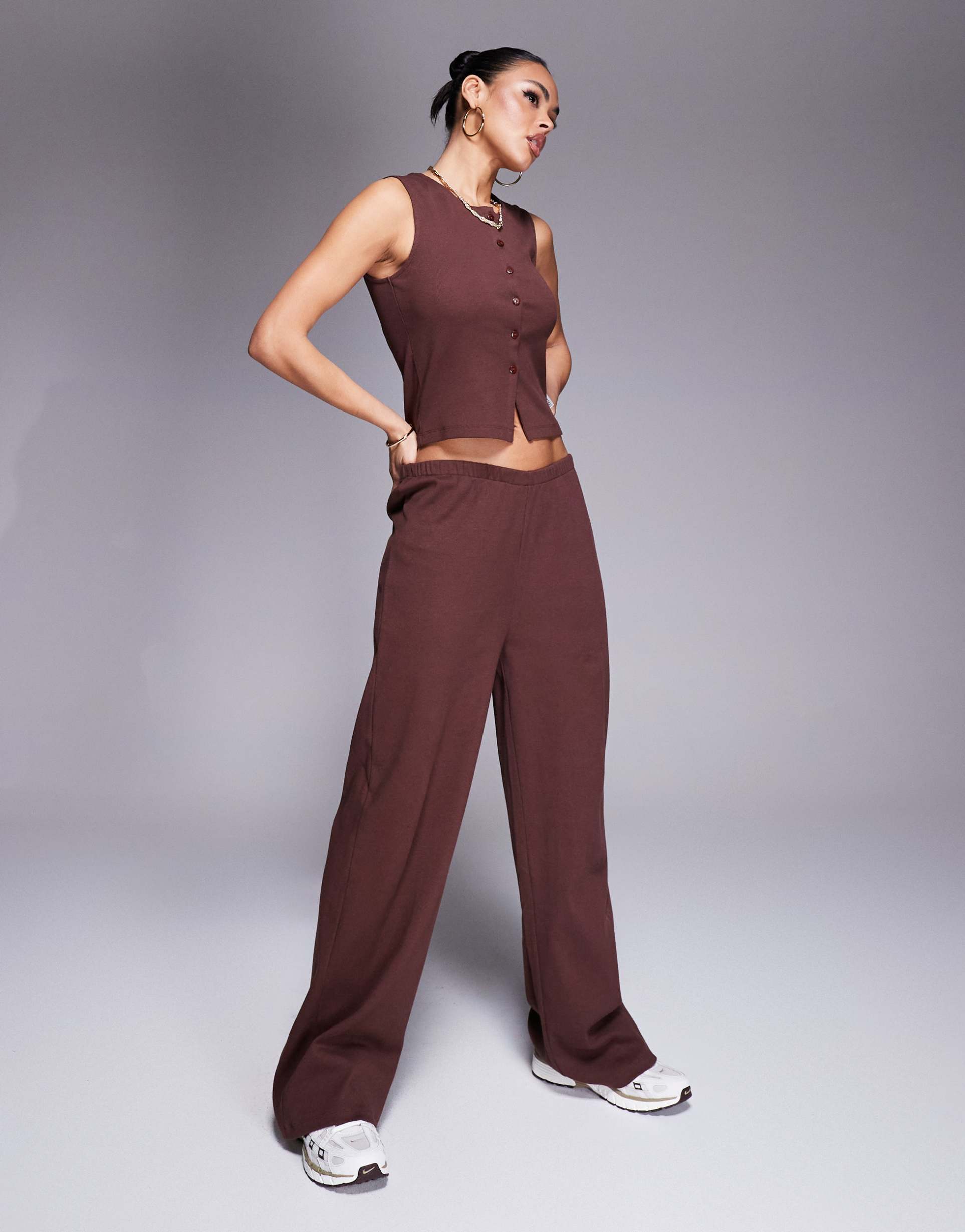 weekend collective ribbed wide leg sweatpants in chocolate - part of a set