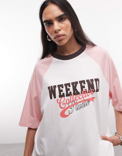Weekend Collective – Rosa t-shirt med raglanärmar och tryck - view 1