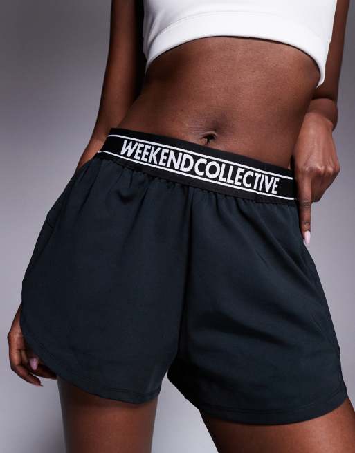 Weekend Collective running shorts in black with branded waistband, 2 of 5