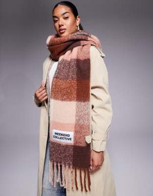Asos Weekend Collective Weekend Collective Scarf With Check Design In Brown