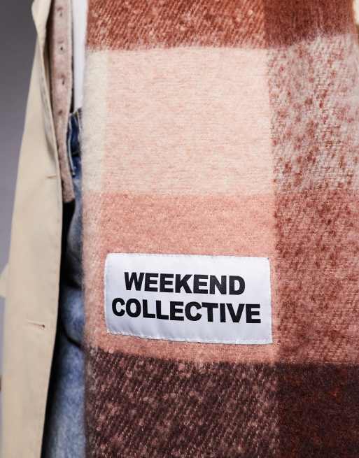 Weekend Collective scarf with check design in orange and chocolate
