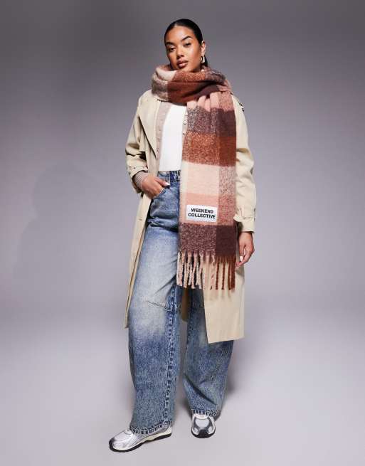 Weekend Collective scarf with check design in orange and chocolate