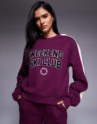 Weekend Collective - Schweres Sweatshirt in Pflaume mit Skiclub-Design, Kombiteil-Lila