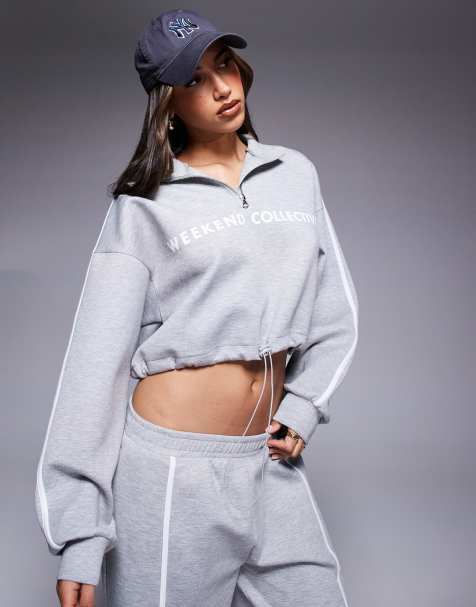 Weekend Collective scuba half zip sweatshirt co-ord with stripe detail in grey marl - view 1