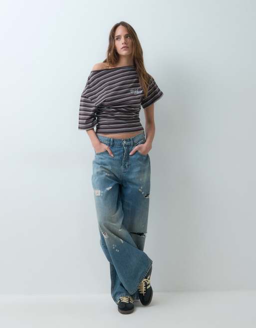 Weekend Collective set off shoulder corset waist tee in stripe, 2 of 4