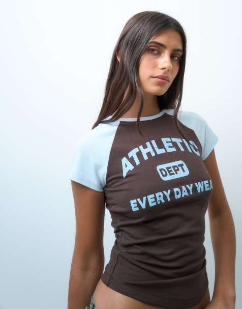 Weekend Collective set raglan relaxed tee with athletic graphic in chocolate and baby blue - view 1
