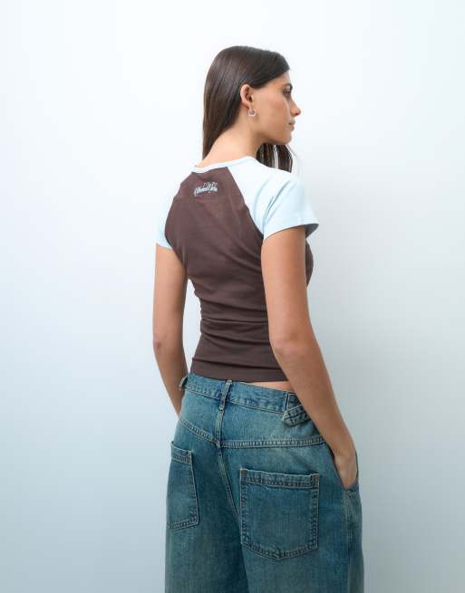 Weekend Collective set raglan relaxed tee with athletic graphic in chocolate and baby blue, 4 of 4