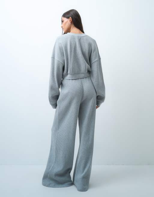 Weekend Collective set waffle wide leg jogger in gray, 4 of 5