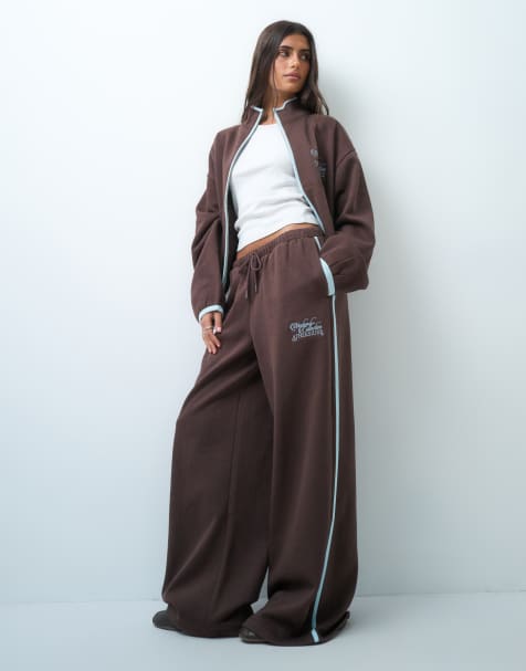Weekend Collective set wide leg sweatpants with blue piping detail in brown - view 1