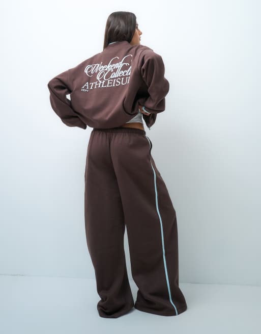 Weekend Collective set wide leg sweatpants with blue piping detail in brown, 3 of 5