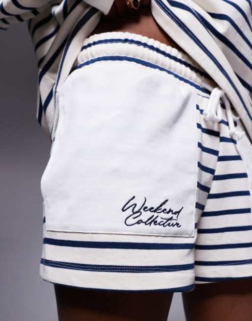 Weekend Collective - Short à rayures et inscription brodée - Bleu marine, 2 de 5