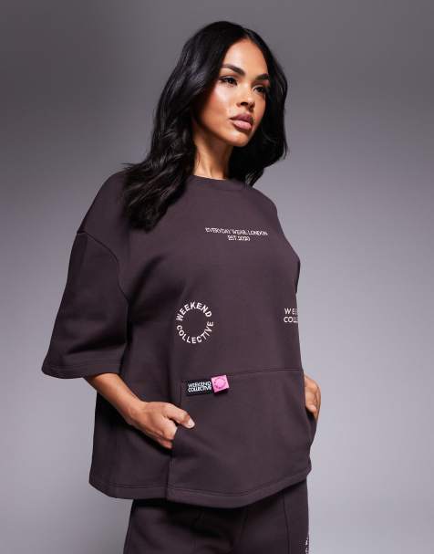 Weekend Collective short sleeve sweat with pink label detail in chocolate - view 1