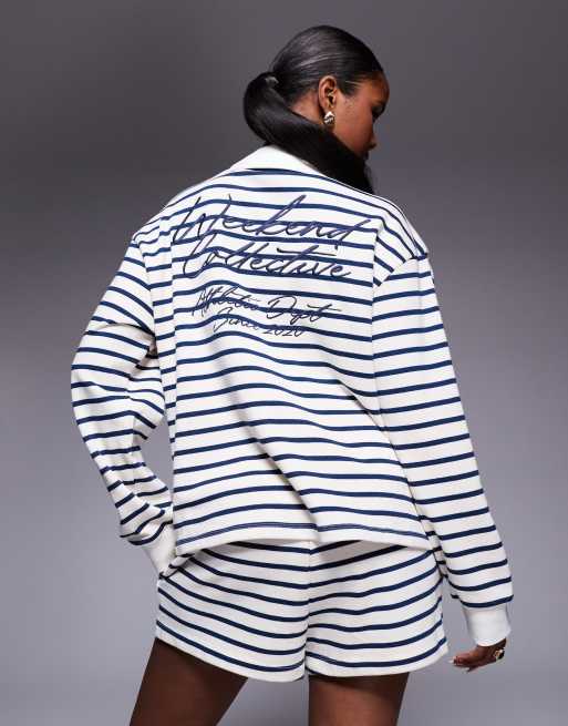 Weekend Collective shorts in navy stripes with scribble graphic embroidery, 5 of 5