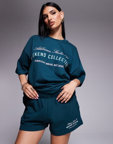 Weekend Collective - Shorts met geborduurd logo in groen, deel van co-ord set - view 1