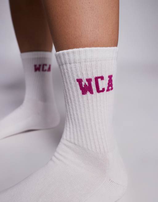 Weekend Collective sock with WCA graphic deisgn in pink | ASOS