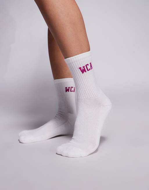 Weekend Collective socks with WCA graphic design in pink