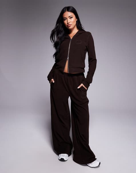 Weekend Collective stretch micro fleece co-ord wide leg trouser in chocolate - view 1
