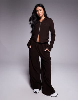 Asos Weekend Collective Weekend Collective Stretch Micro Fleece Wide Leg Pants In Brown