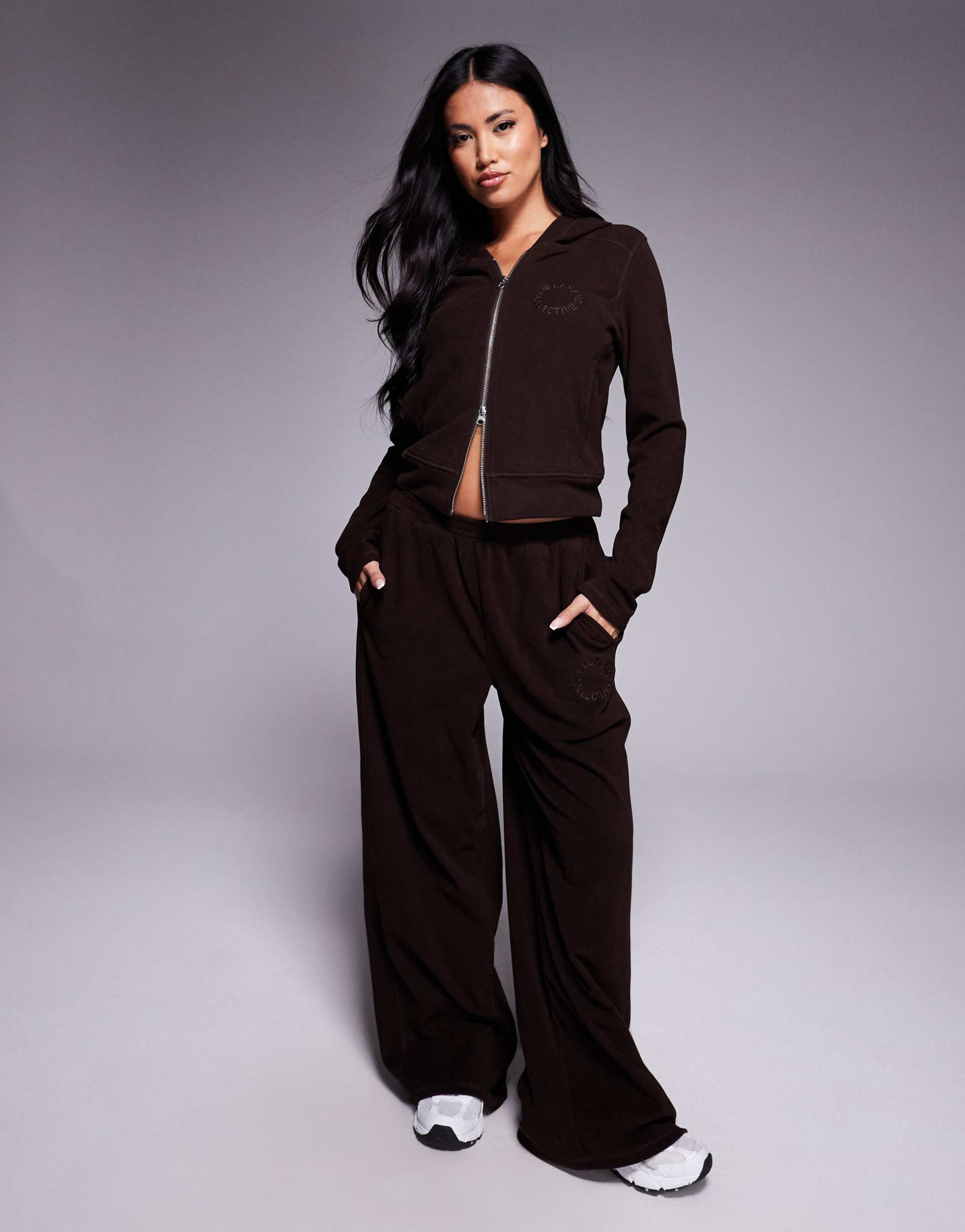 weekend collective stretch micro fleece wide leg pants in chocolate - part of a set