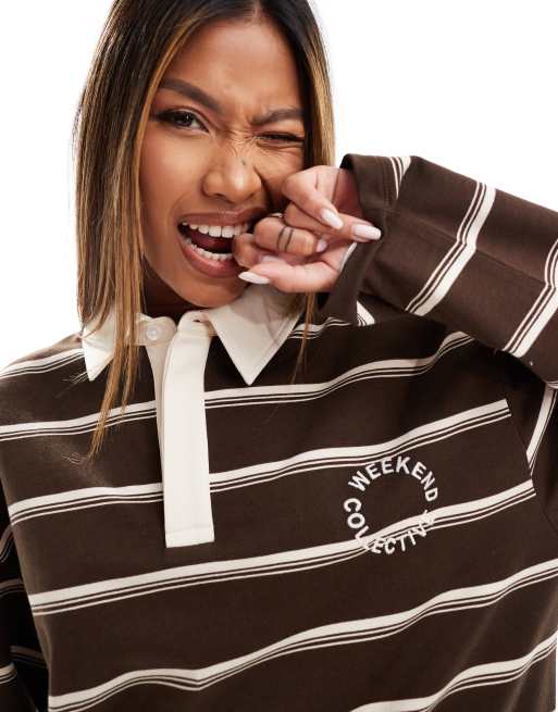 Weekend Collective stripe rugby long sleeve T-shirt in brown and