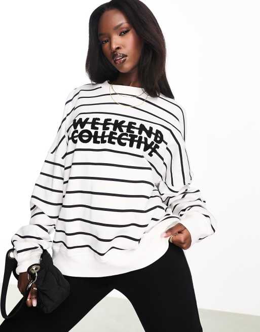 Weekend Collective striped sweatshirt with chenille logo