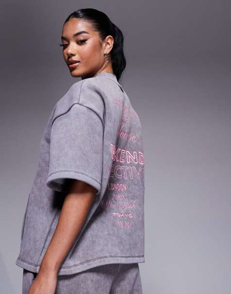 Weekend Collective - Sweat d'ensemble à manches courtes avec logo rose - Gris délavé - view 1