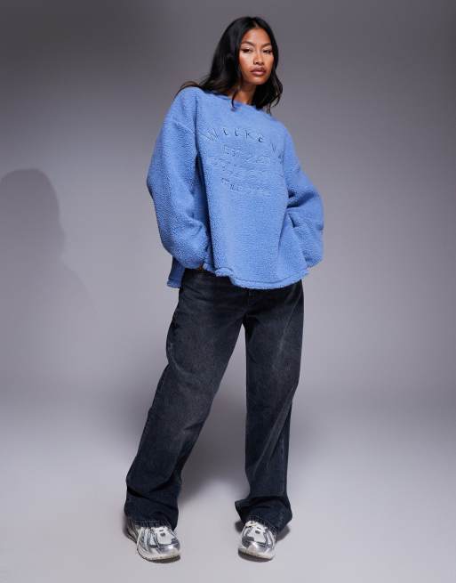 Weekend Collective - Sweat en imitation peau de mouton avec imprimé brodé - Bleu cendré, 4 de 4
