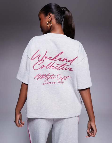 Weekend Collective - Sweater met korte mouwen en geborduurde print in grijs gemêleerd en paars - view 1