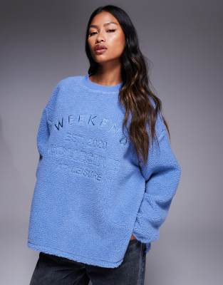 Weekend Collective - Sweatshirt aus Teddyfell in Blau gedeckt mit aufgestickter Grafik