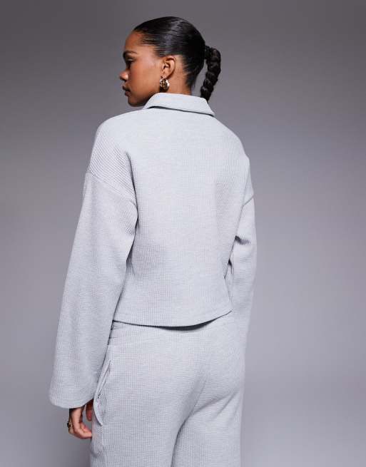 Weekend Collective – Sweatshirt in Grau mit halblangem Reißverschluss und Waffelstruktur, Kombiteil, 4 von 4