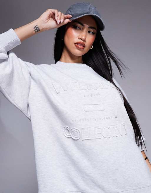 Weekend Collective – Sweatshirt in meliertem Grau mit Logo im Used-Look, 4 von 4