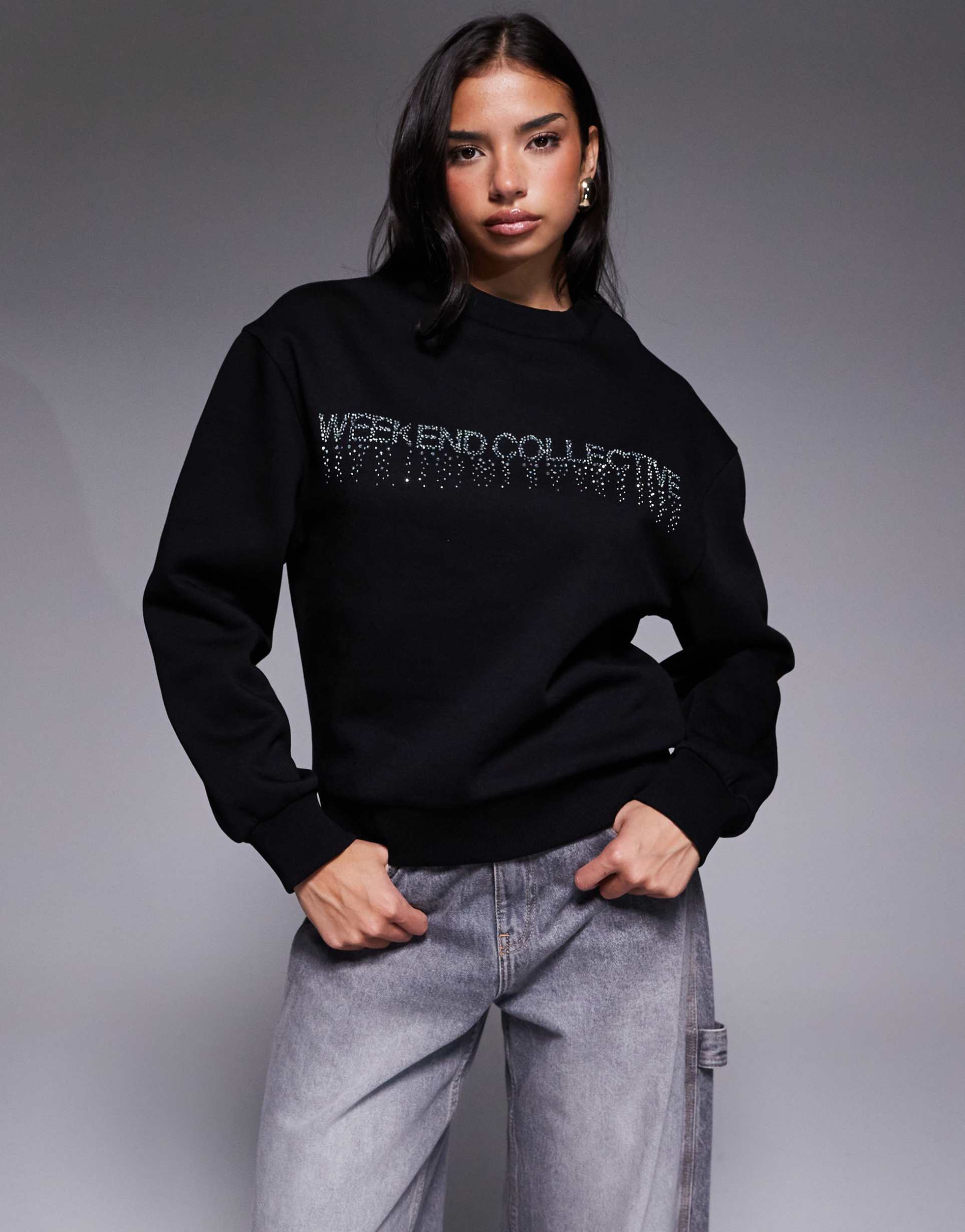 weekend collective sweatshirt with hotfix diamante graphic in black