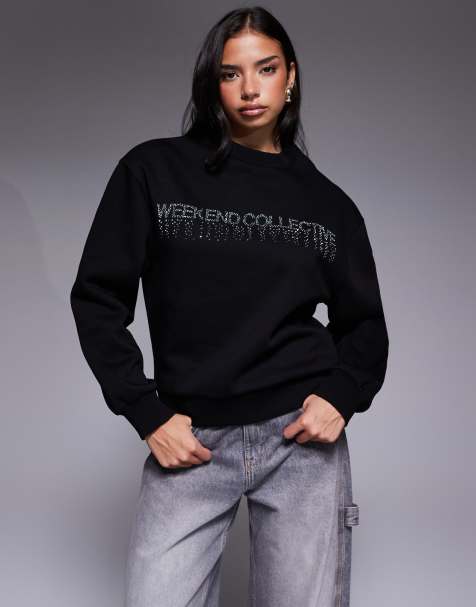 Weekend Collective sweatshirt  with hotfix diamante graphic in black