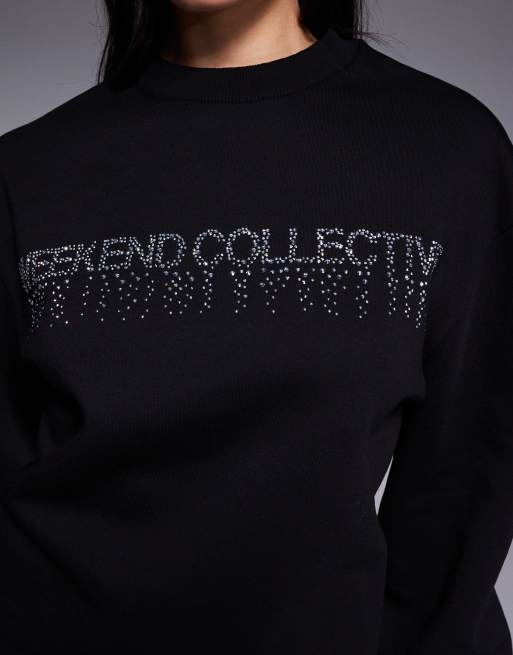 Weekend Collective sweatshirt  with hotfix diamante graphic in black, 3 of 4