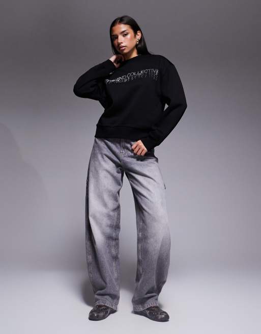 Weekend Collective sweatshirt  with hotfix diamante graphic in black, 4 of 4