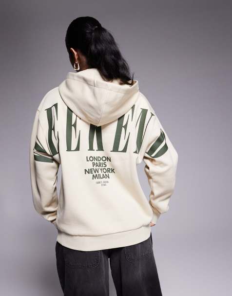 Weekend Collective – Szarobeżowa bluza z kapturem oversize z logo na plecach - view 1