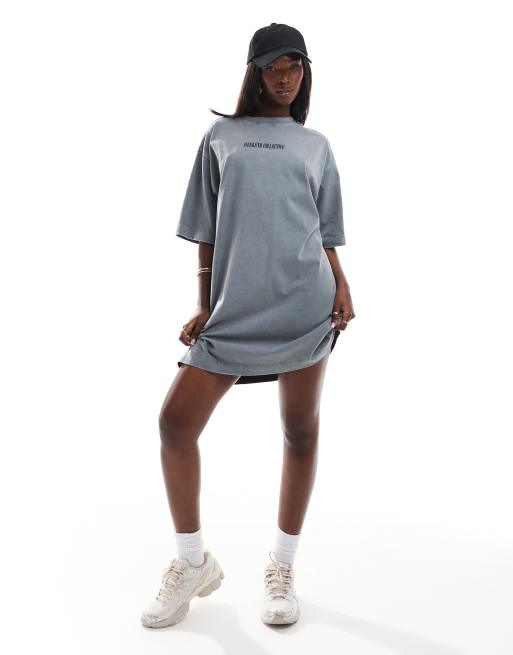 Weekend Collective T shirt dress in with stacked logo in washed charcoal