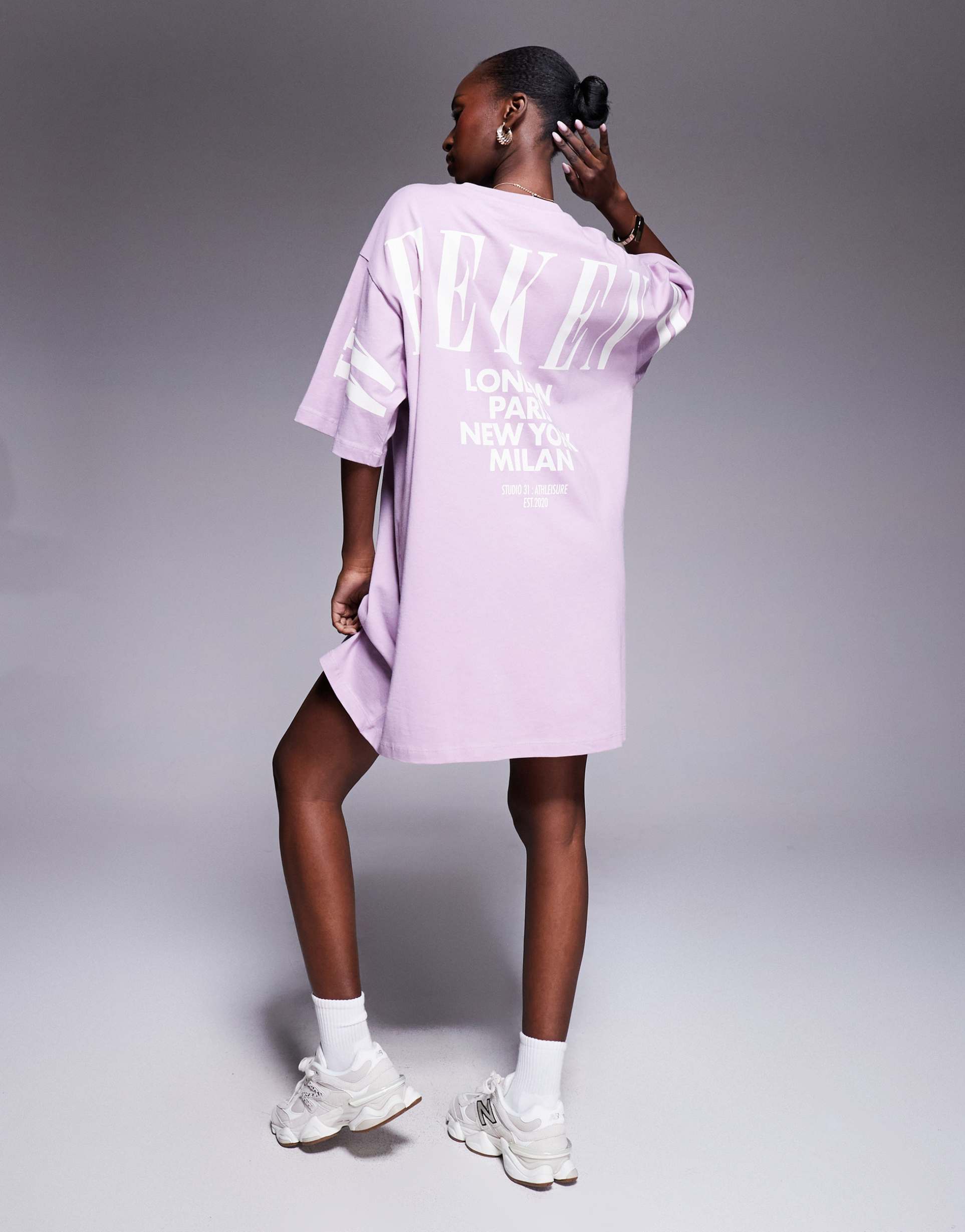 weekend collective t-shirt dress with stacked back logo in lilac and white